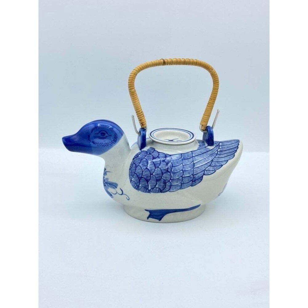 Vintage Blue and White Handpainted Chinese Duck Teapot with Wrapped Handle